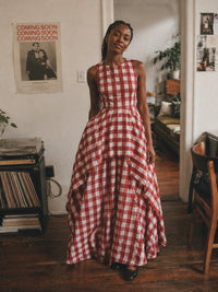 Red Gingham Sleeveless High-Low Gown with Pockets