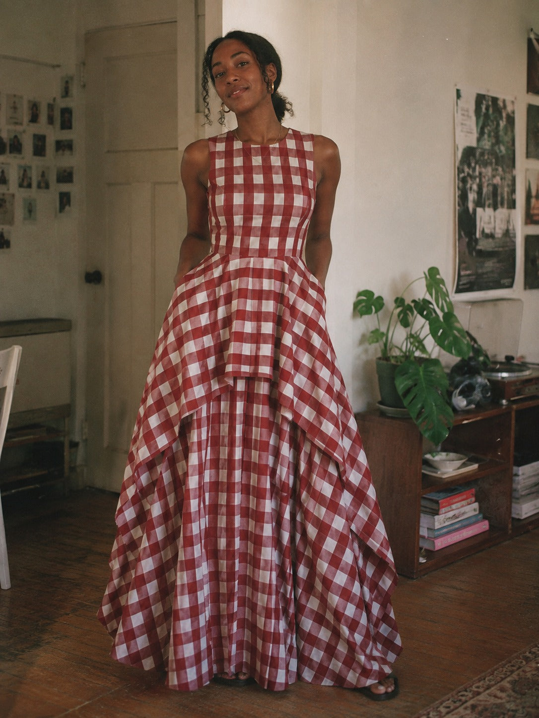 Red Gingham Sleeveless High-Low Gown with Pockets
