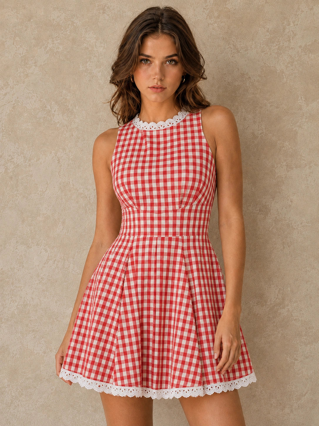 Red Gingham Lace-Trim Fit-and-Flare Mini Dress