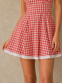 Red Gingham Lace-Trim Fit-and-Flare Mini Dress