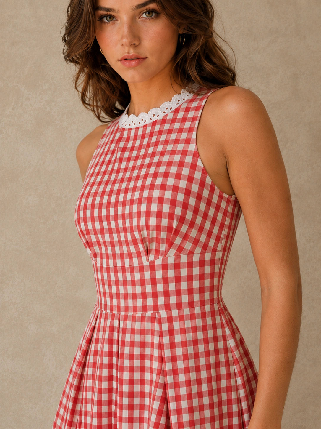 Red Gingham Lace-Trim Fit-and-Flare Mini Dress