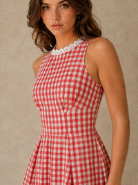Red Gingham Lace-Trim Fit-and-Flare Mini Dress