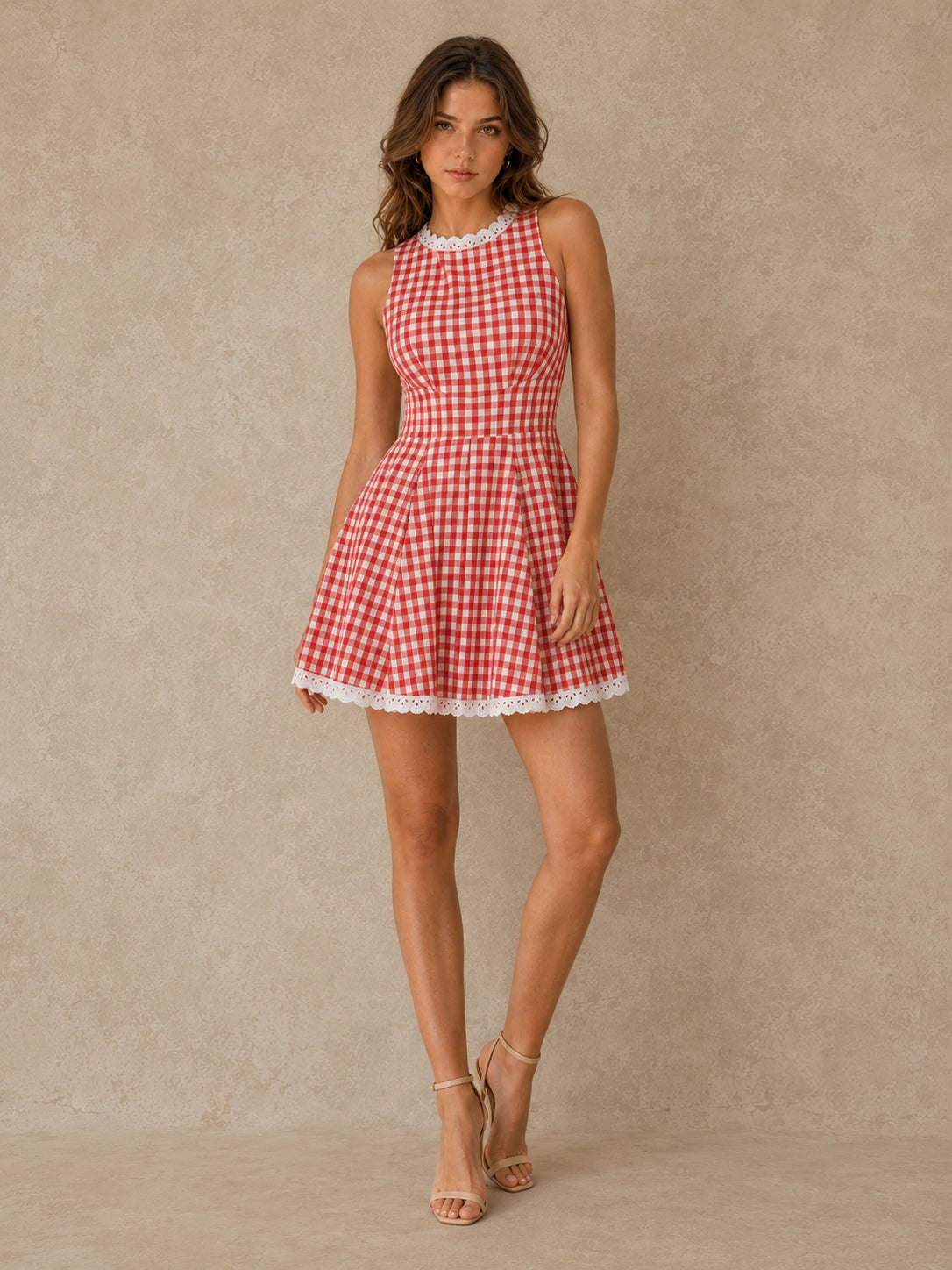 Red Gingham Lace-Trim Fit-and-Flare Mini Dress