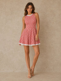 Red Gingham Lace-Trim Fit-and-Flare Mini Dress