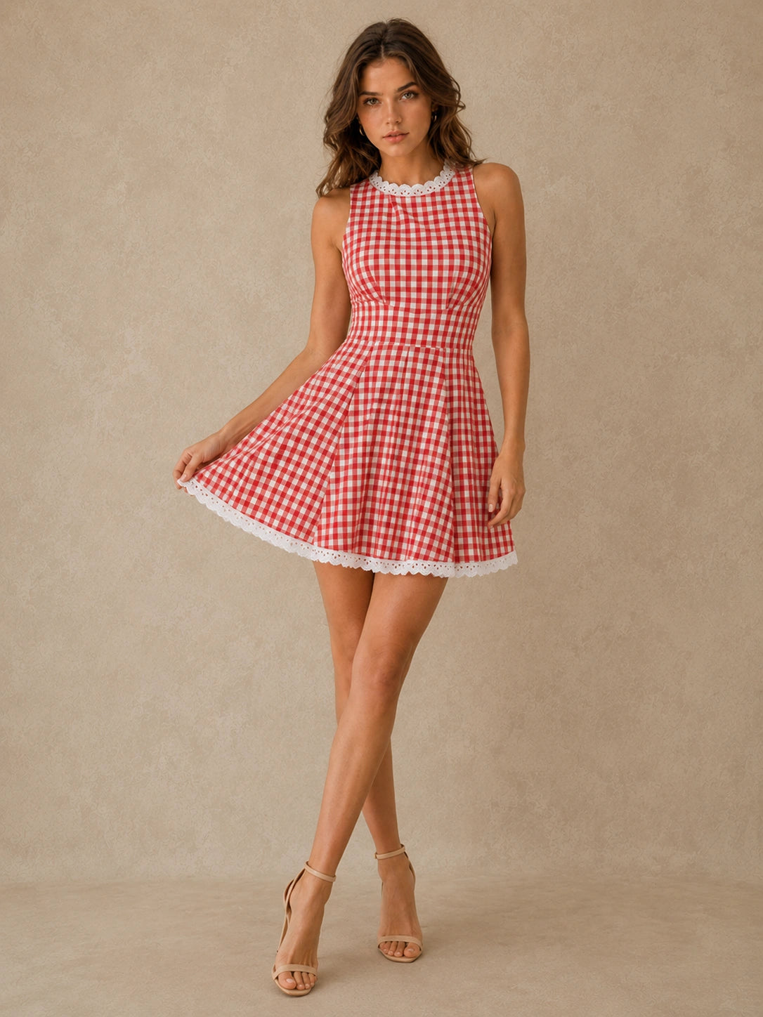 Red Gingham Lace-Trim Fit-and-Flare Mini Dress