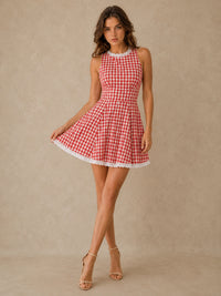 Red Gingham Lace-Trim Fit-and-Flare Mini Dress