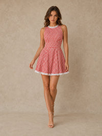 Red Gingham Lace-Trim Fit-and-Flare Mini Dress