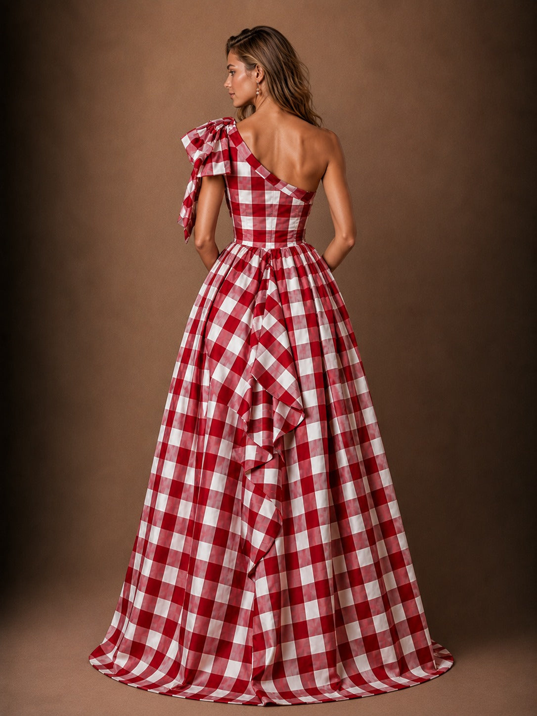 Red Gingham One-Shoulder Bow High-Low Formal Gown
