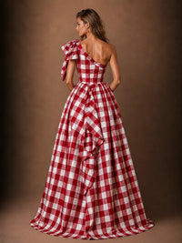 Red Gingham One-Shoulder Bow High-Low Formal Gown