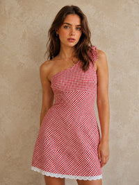 Red Gingham One-Shoulder Bow Mini Dress