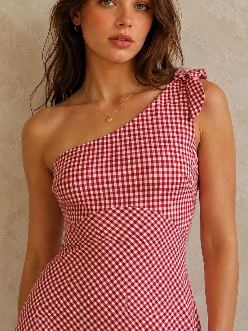 Red Gingham One-Shoulder Bow Mini Dress