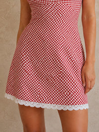 Red Gingham One-Shoulder Bow Mini Dress