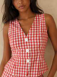 Red Gingham Two Piece Set – Button-Front Vest & Mini Skirt