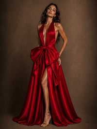 Red Halter Neck Evening Gown with Oversized Bow & High Slit