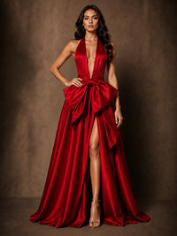 Red Halter Neck Evening Gown with Oversized Bow & High Slit