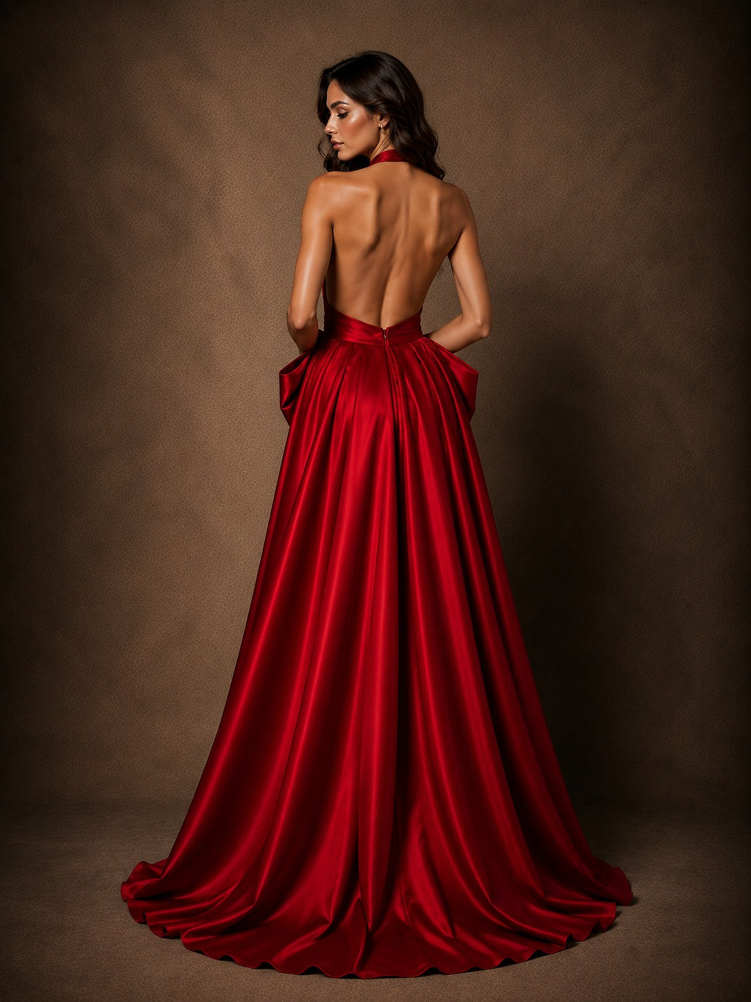 Red Halter Neck Evening Gown with Oversized Bow & High Slit