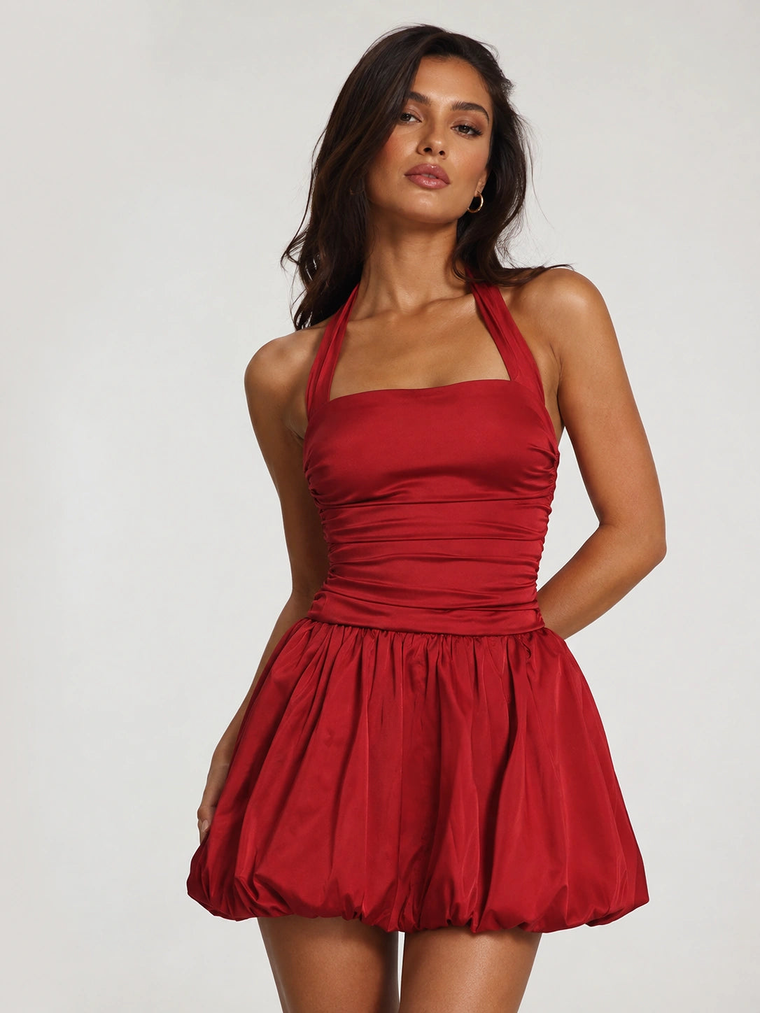 Red Satin Bubble Hem Halter Mini Dress