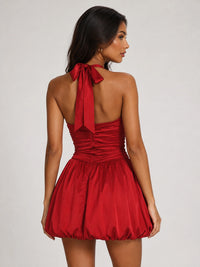 Red Satin Bubble Hem Halter Mini Dress