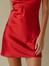 Red Satin Halter Mini Dress with Front Cutout