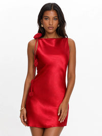Red Satin Homecoming Mini Dress with Rosette Detail