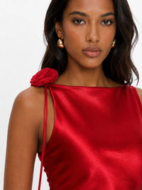 Red Satin Homecoming Mini Dress with Rosette Detail