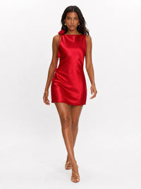 Red Satin Homecoming Mini Dress with Rosette Detail