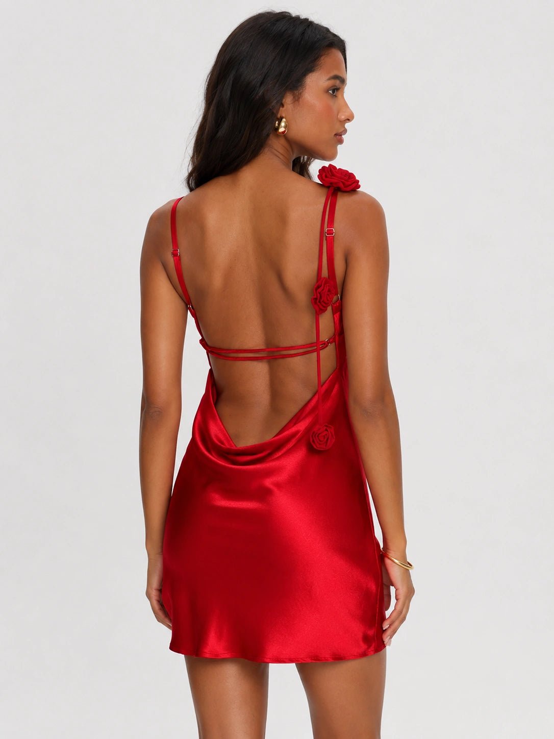 Red Satin Homecoming Mini Dress with Rosette Detail