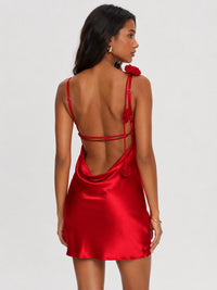 Red Satin Homecoming Mini Dress with Rosette Detail