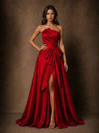 Red Satin Strapless A-Line Prom Dress with Bow & High Slit