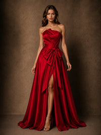 Red Satin Strapless A-Line Prom Dress with Bow & High Slit