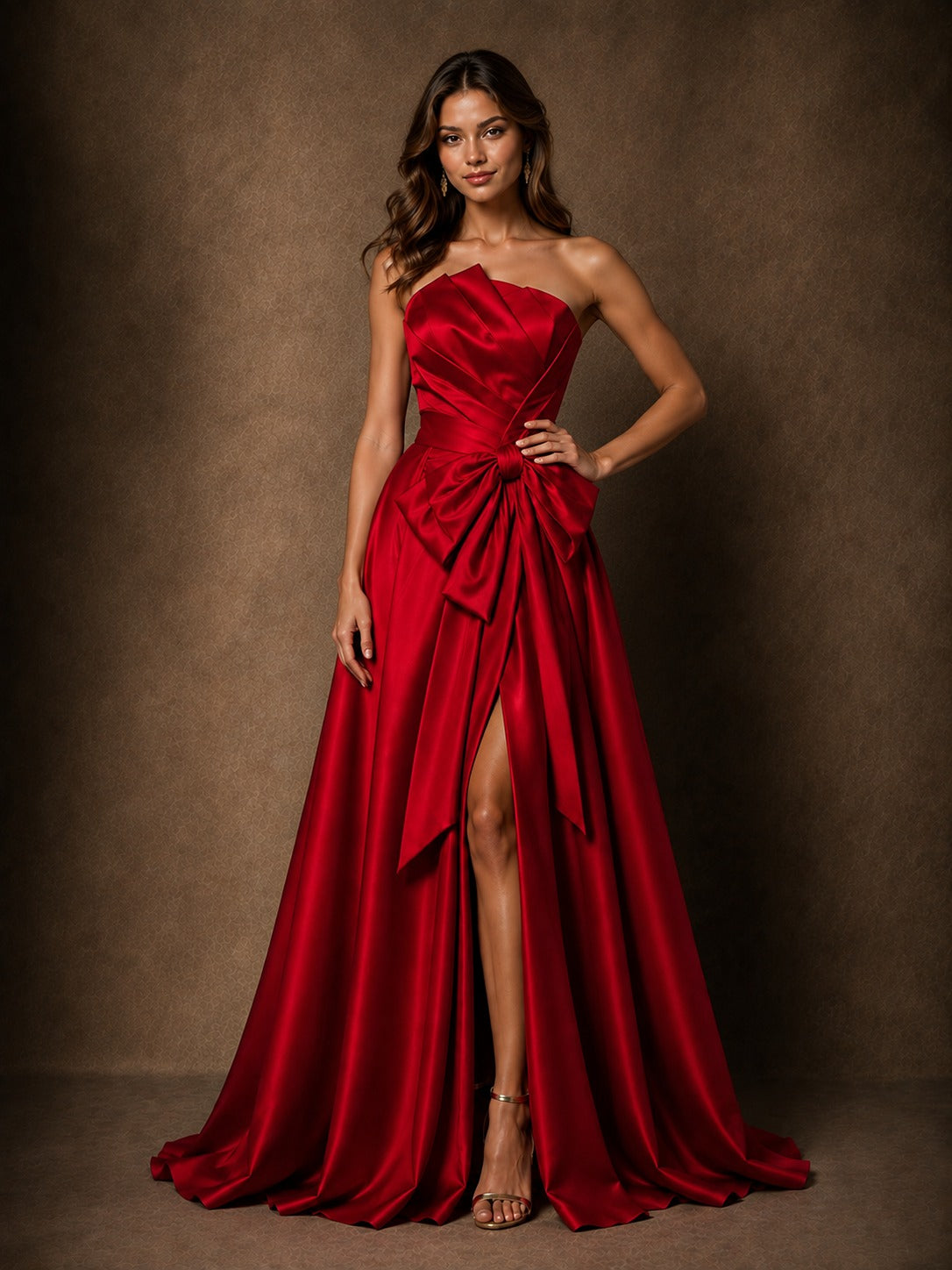 Red Satin Strapless A-Line Prom Dress with Bow & High Slit