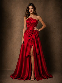 Red Satin Strapless A-Line Prom Dress with Bow & High Slit