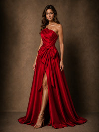 Red Satin Strapless A-Line Prom Dress with Bow & High Slit