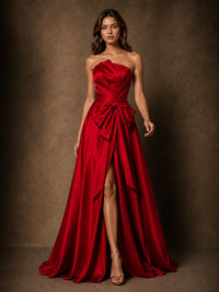 Red Satin Strapless A-Line Prom Dress with Bow & High Slit