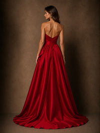 Red Satin Strapless A-Line Prom Dress with Bow & High Slit