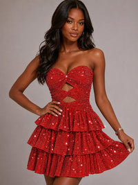 Emerald Green Sequin Strapless Cutout Ruffle Mini Dress