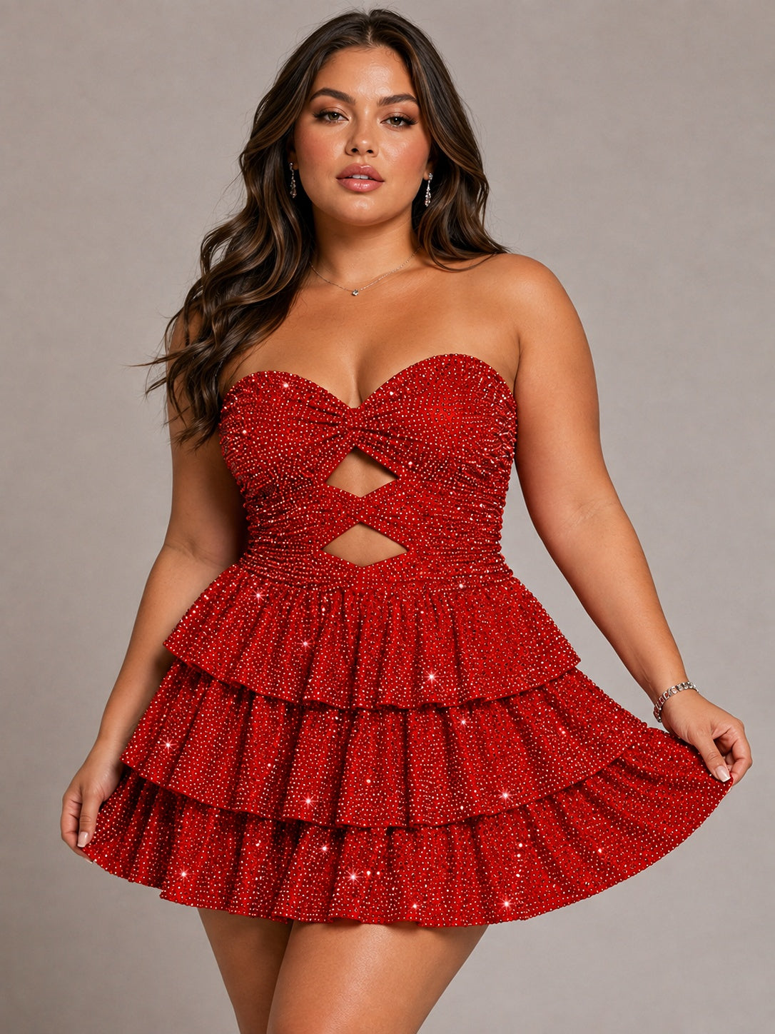 Emerald Green Sequin Strapless Cutout Ruffle Mini Dress