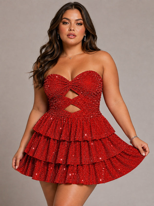 Red Sequin Strapless Cutout Ruffle Mini Dress