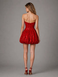 Red Strapless Sequin Mini Dress with Bubble Hem