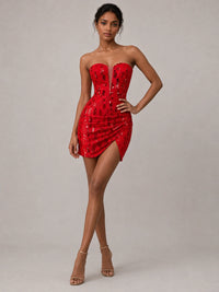 Red Strapless Sequin Mini Dress with Ruched Slit Skirt