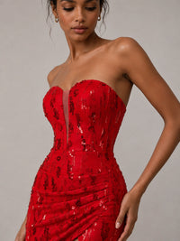Red Strapless Sequin Mini Dress with Ruched Slit Skirt