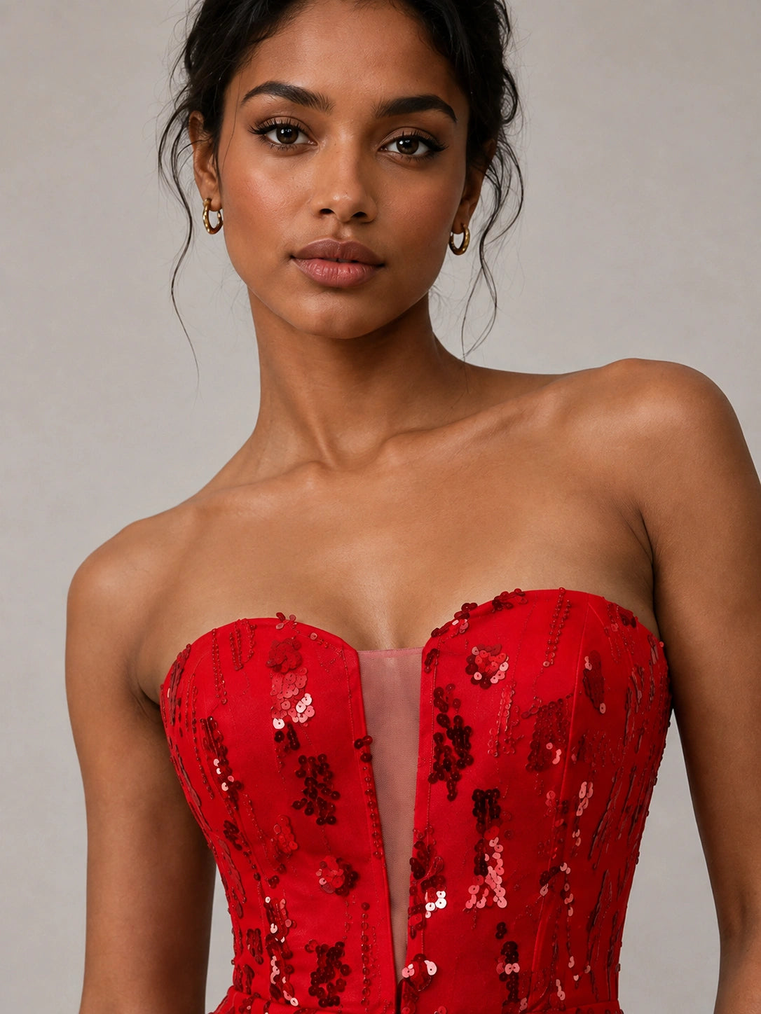Red Strapless Sequin Mini Dress with Ruched Slit Skirt