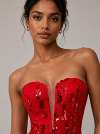 Red Strapless Sequin Mini Dress with Ruched Slit Skirt
