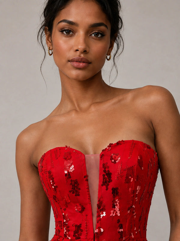 Red Strapless Sequin Mini Dress with Ruched Slit Skirt