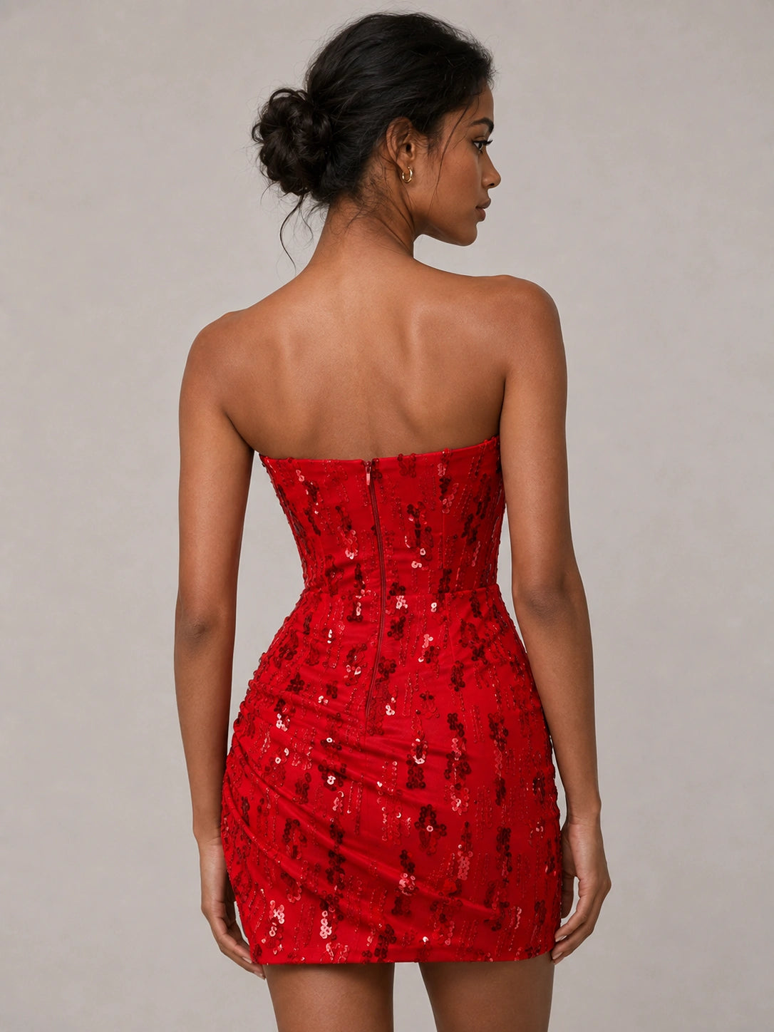 Red Strapless Sequin Mini Dress with Ruched Slit Skirt