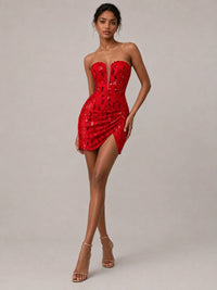 Red Strapless Sequin Mini Dress with Ruched Slit Skirt
