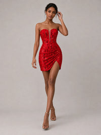 Red Strapless Sequin Mini Dress with Ruched Slit Skirt