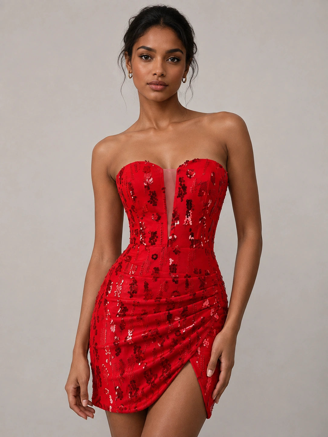 Red Strapless Sequin Mini Dress with Ruched Slit Skirt