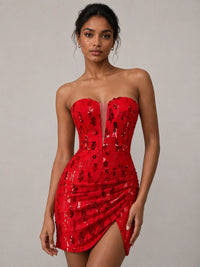 Red Strapless Sequin Mini Dress with Ruched Slit Skirt