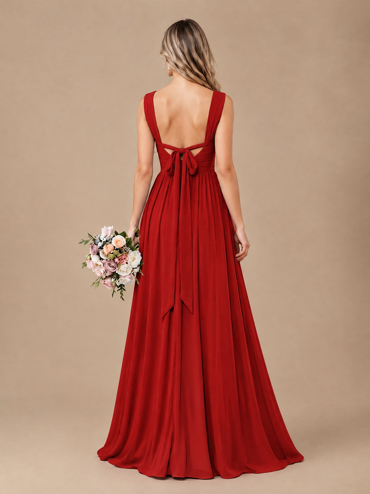 Pleated Chiffon V Neck Wedding Bridesmaid Dresses Floor Length with Slit